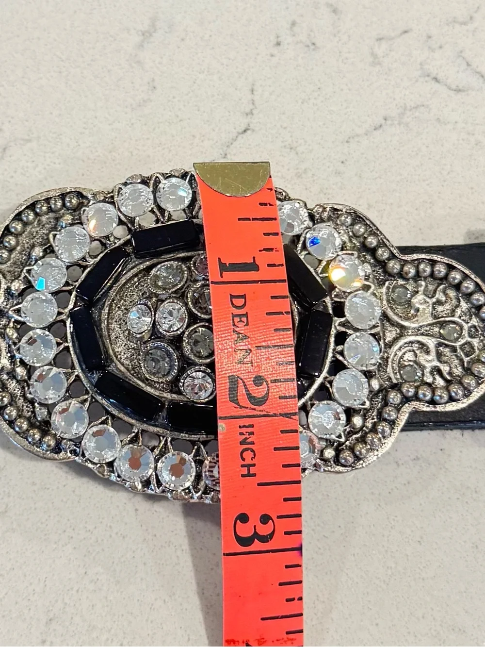 Vintage Leatherrock Studded Black Leather Belt Crystal Buckle Size 36